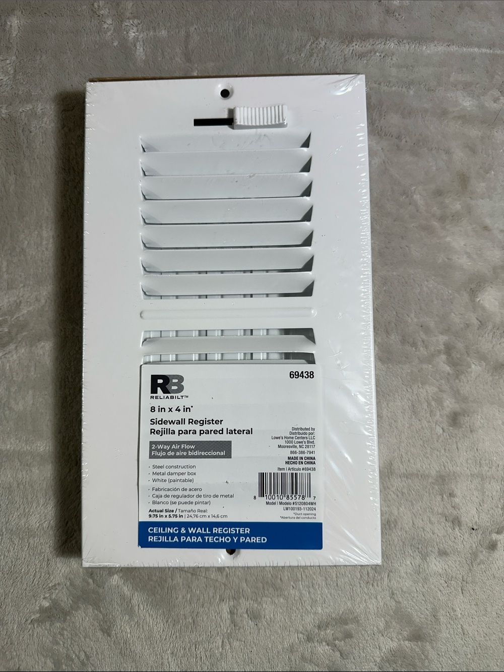 Reliable RB White Sidewall Register - 8 x 4 in